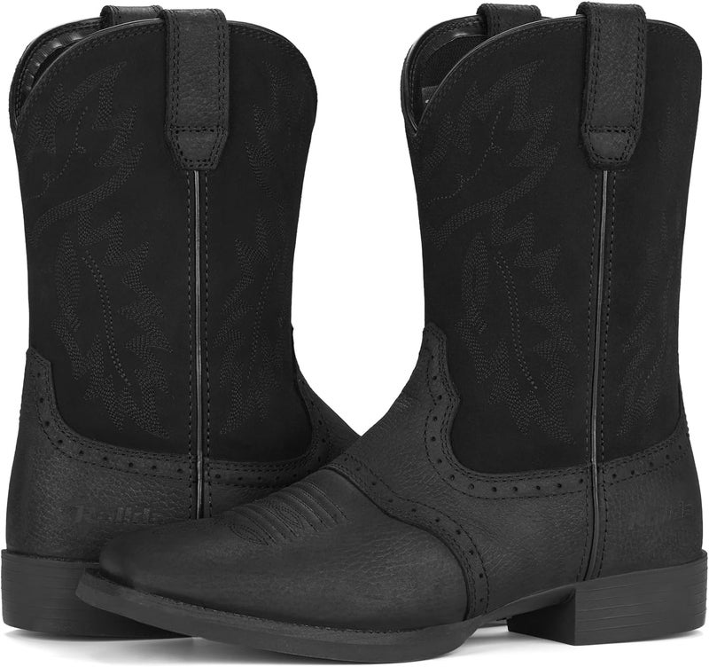 Rollda Leather Cowboy Boots for Men Western Boots Square Toe Chunky Heel Mid-Calf Boots Classic Embroidered with Pull On Tabs - Image 4